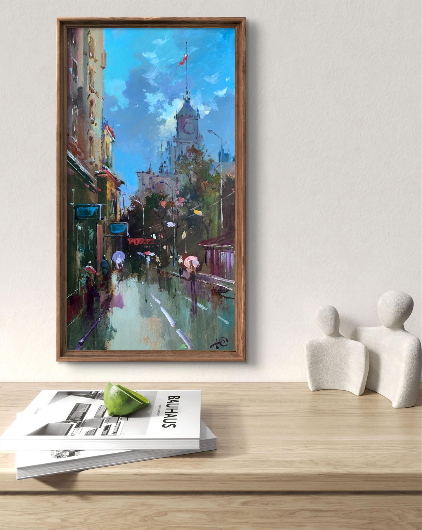 Framed oil painting City Bustle by Yuriy Suprunchuk, rainy street in blues and greens