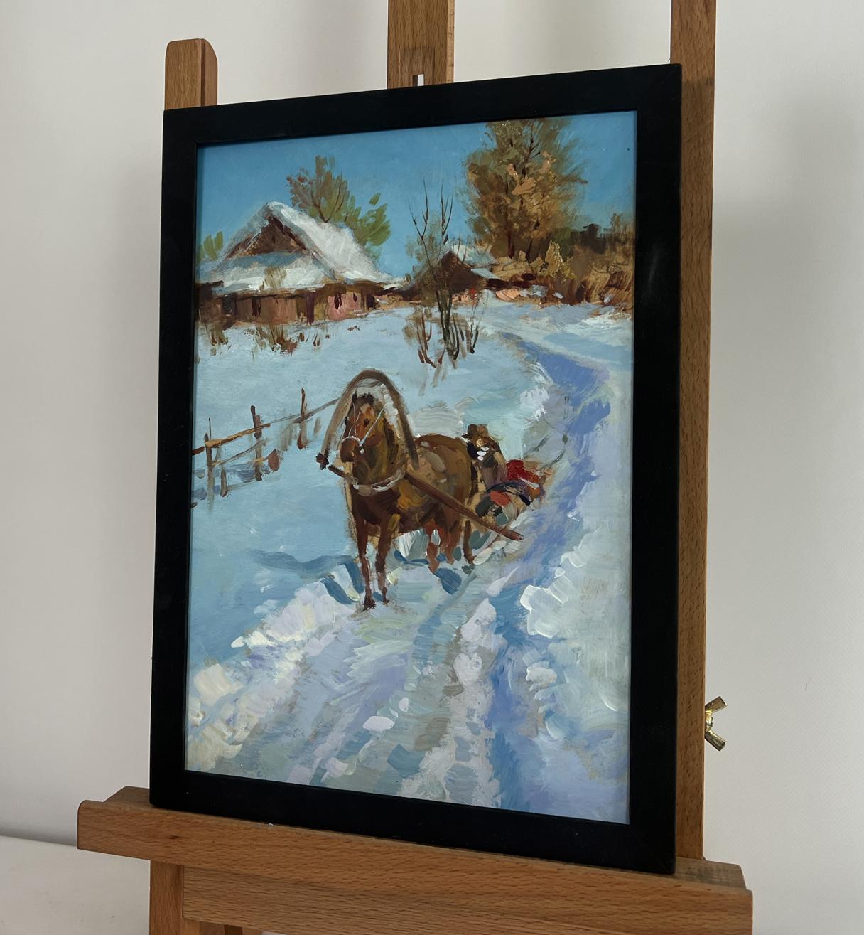 Oil painting by Yuriy Suprunchuk: horse-drawn sleigh in snowy landscape
