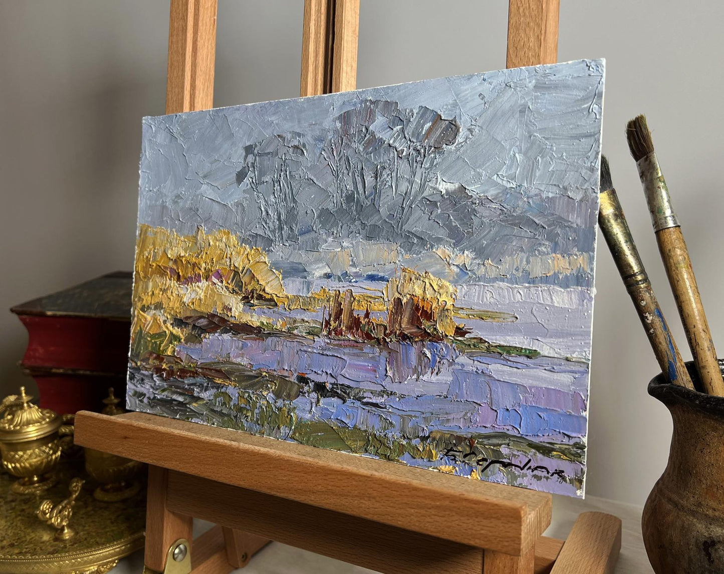 Oil painting Morning Frosts by Boris Serdyuk: gray-gold-purple landscape