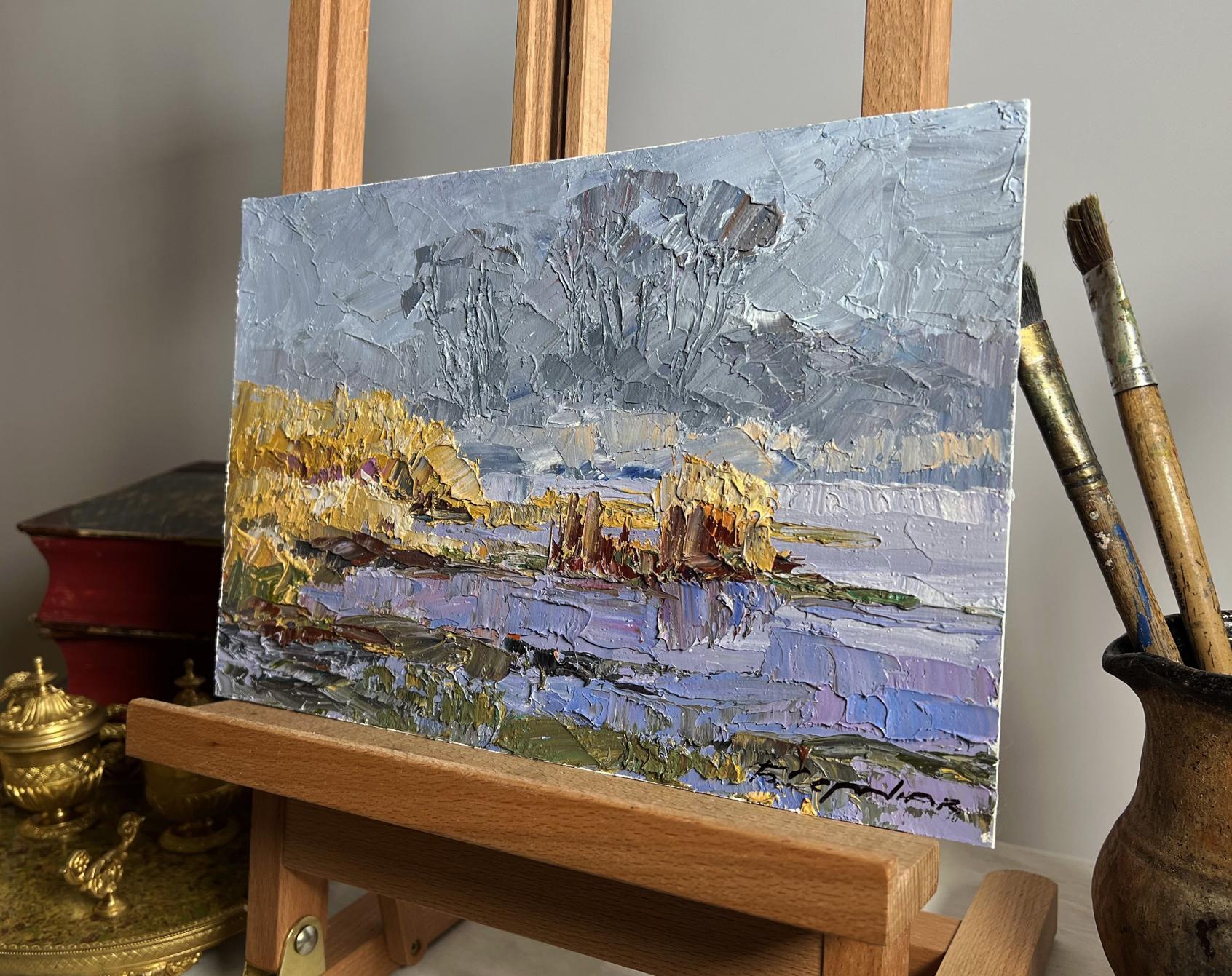 Oil painting Morning Frosts by Boris Serdyuk: gray-gold-purple landscape