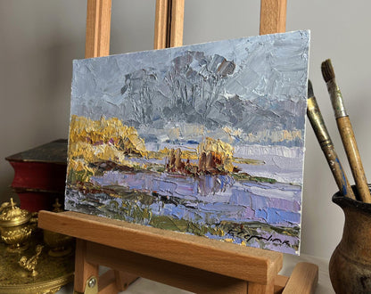 Oil painting Morning Frosts by Boris Serdyuk: gray-gold-purple landscape