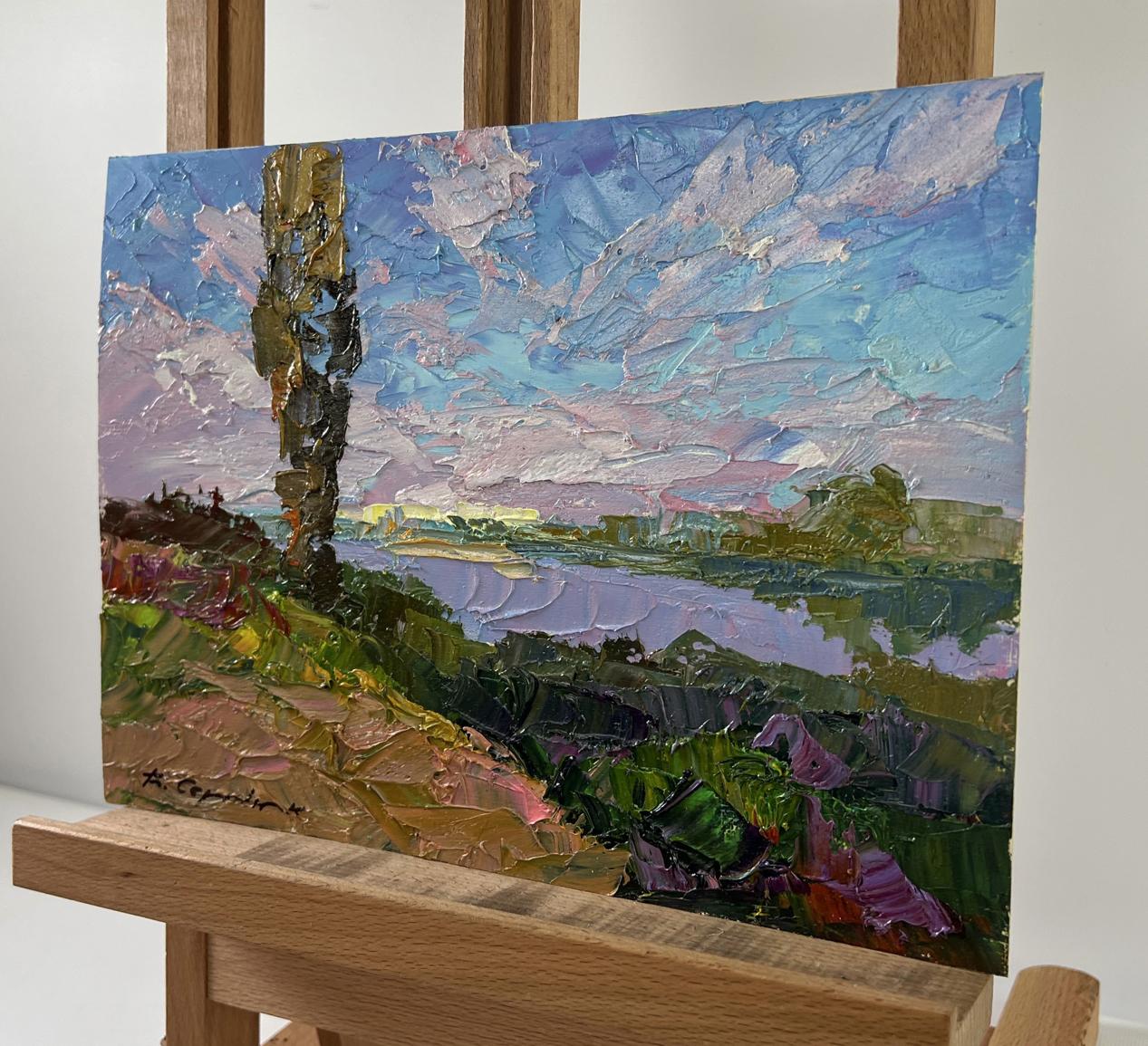 Oil painting September calm by Boris Serdyuk: tree-lined river landscape