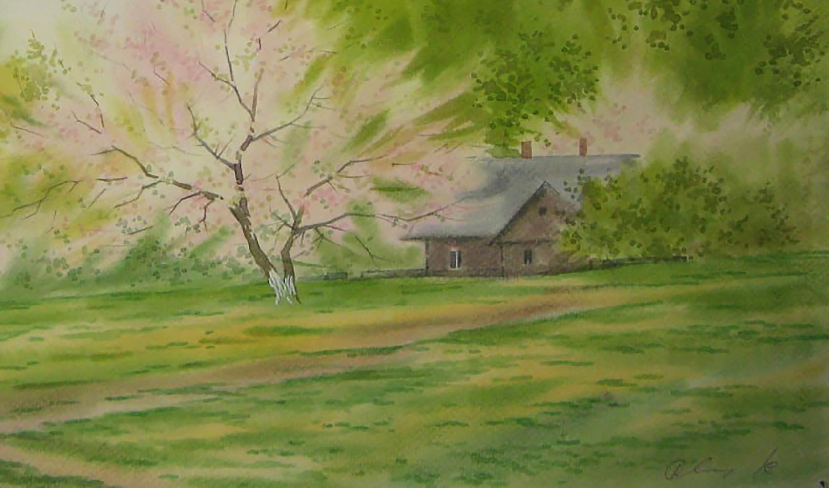 Watercolor painting of rustic brown house on warm spring day by Valery Savenets