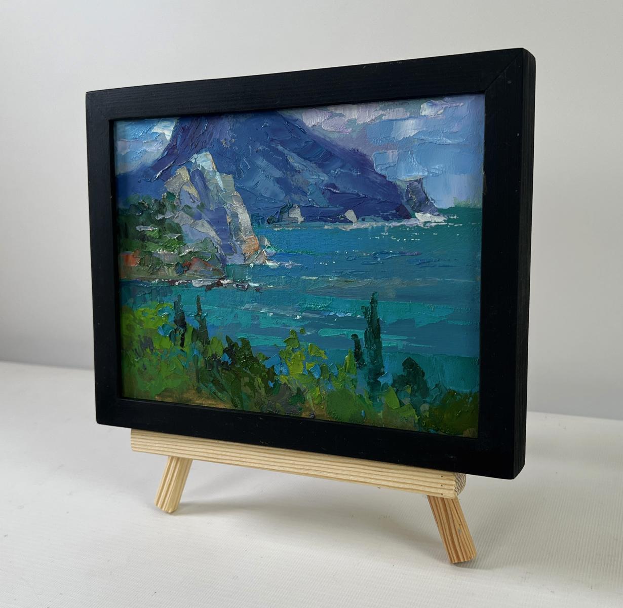 Oil painting The fusion of sea and mountains by Yuriy Suprunchuk in black frame