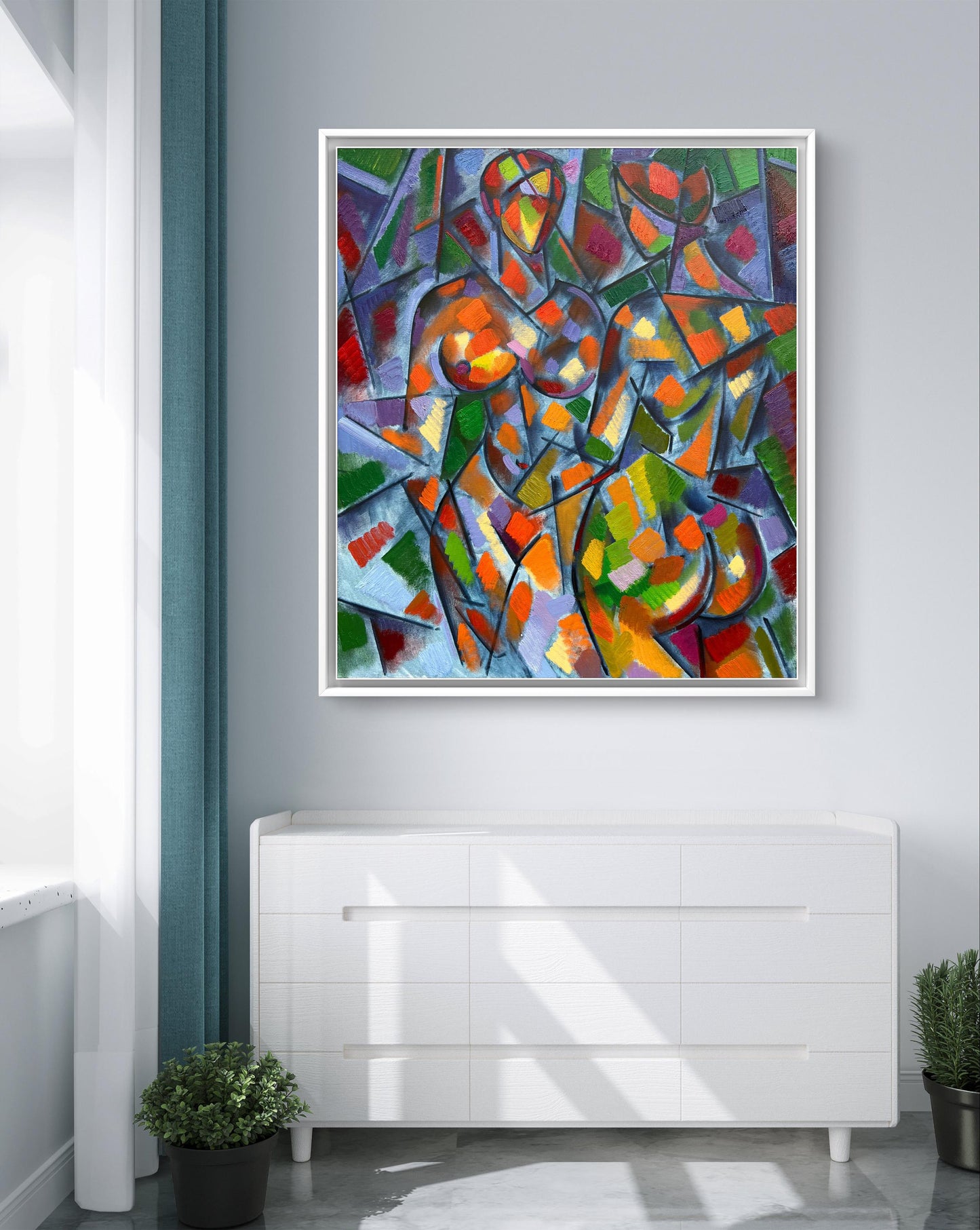 Abstract oil painting Two Girls by Peter Dobrev in white frame