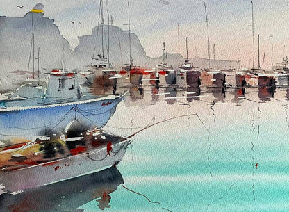 Watercolor painting Dock with Boats Olena Klimenko