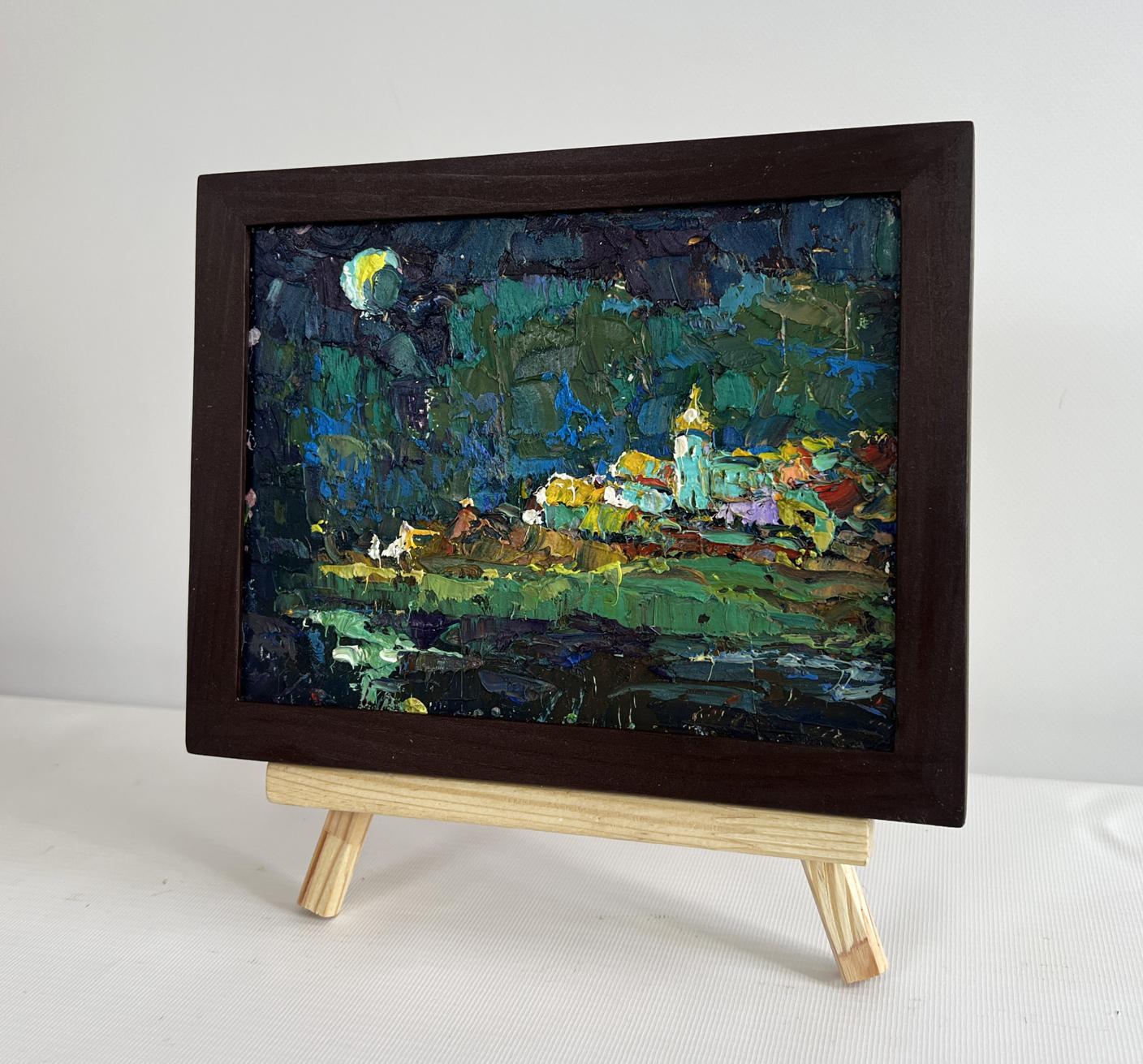 Dark brown framed miniature oil painting The moonlit night by Oksana Ivanyuk