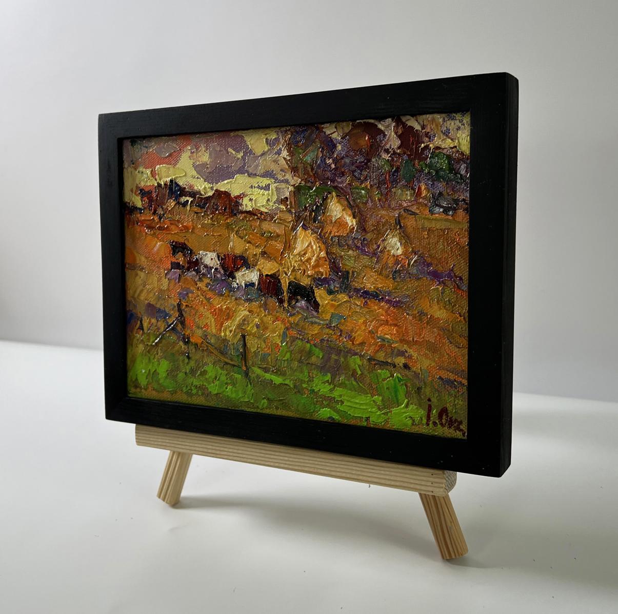 Oil painting Autumn evening by Oksana Ivanyuk with grazing cows