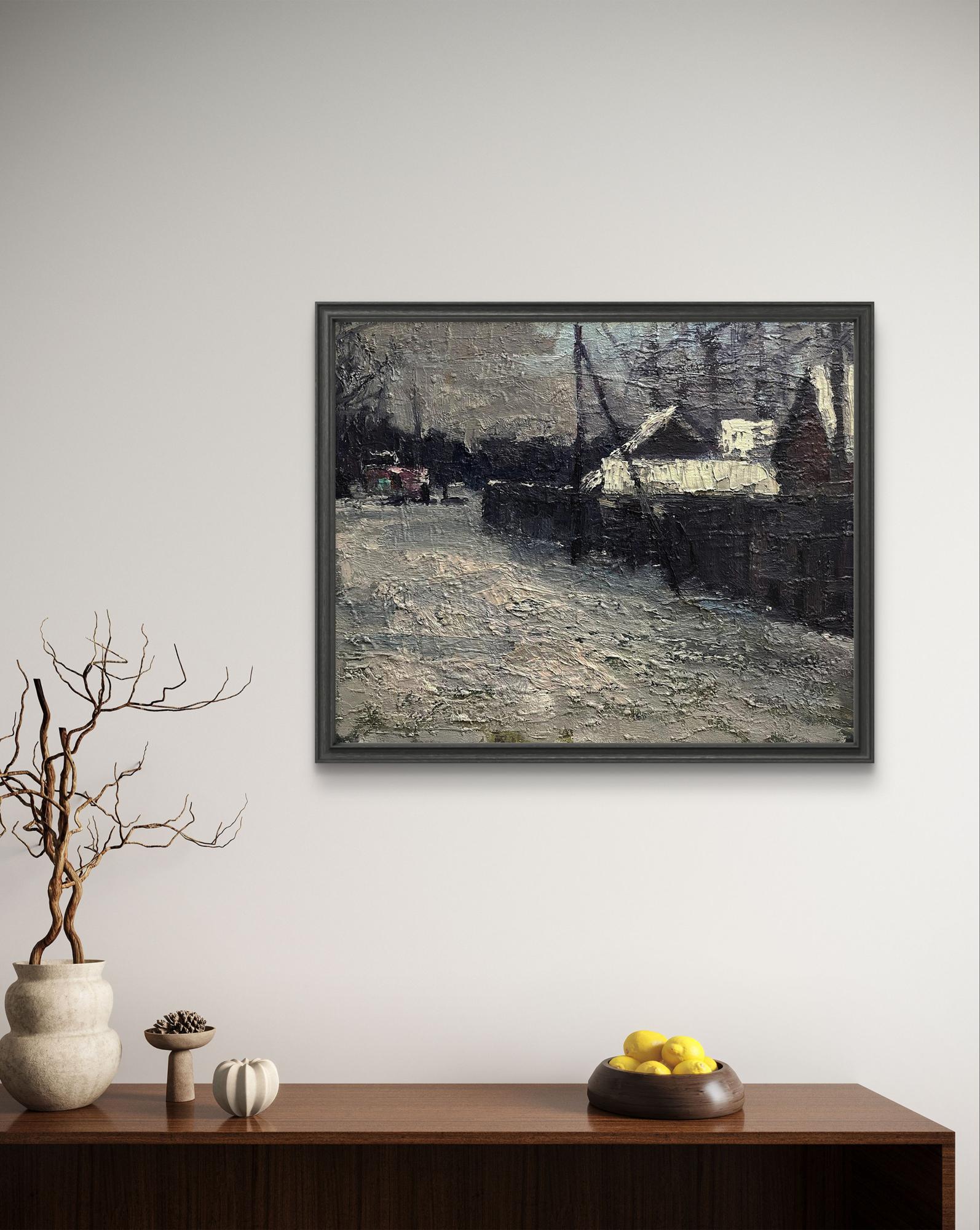 Oil painting Snowy spring by Volodymyr Pashchenko in black frame