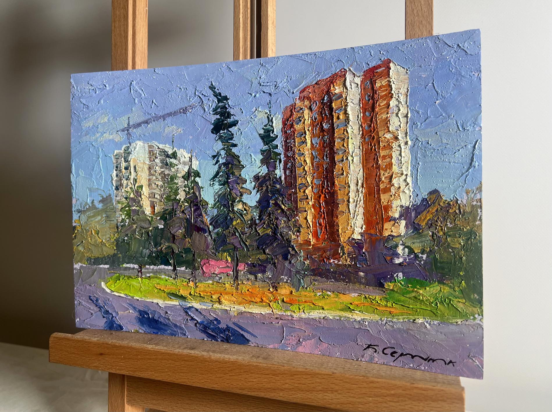 Oil painting Summer city park by Boris Serdyuk on wooden easel