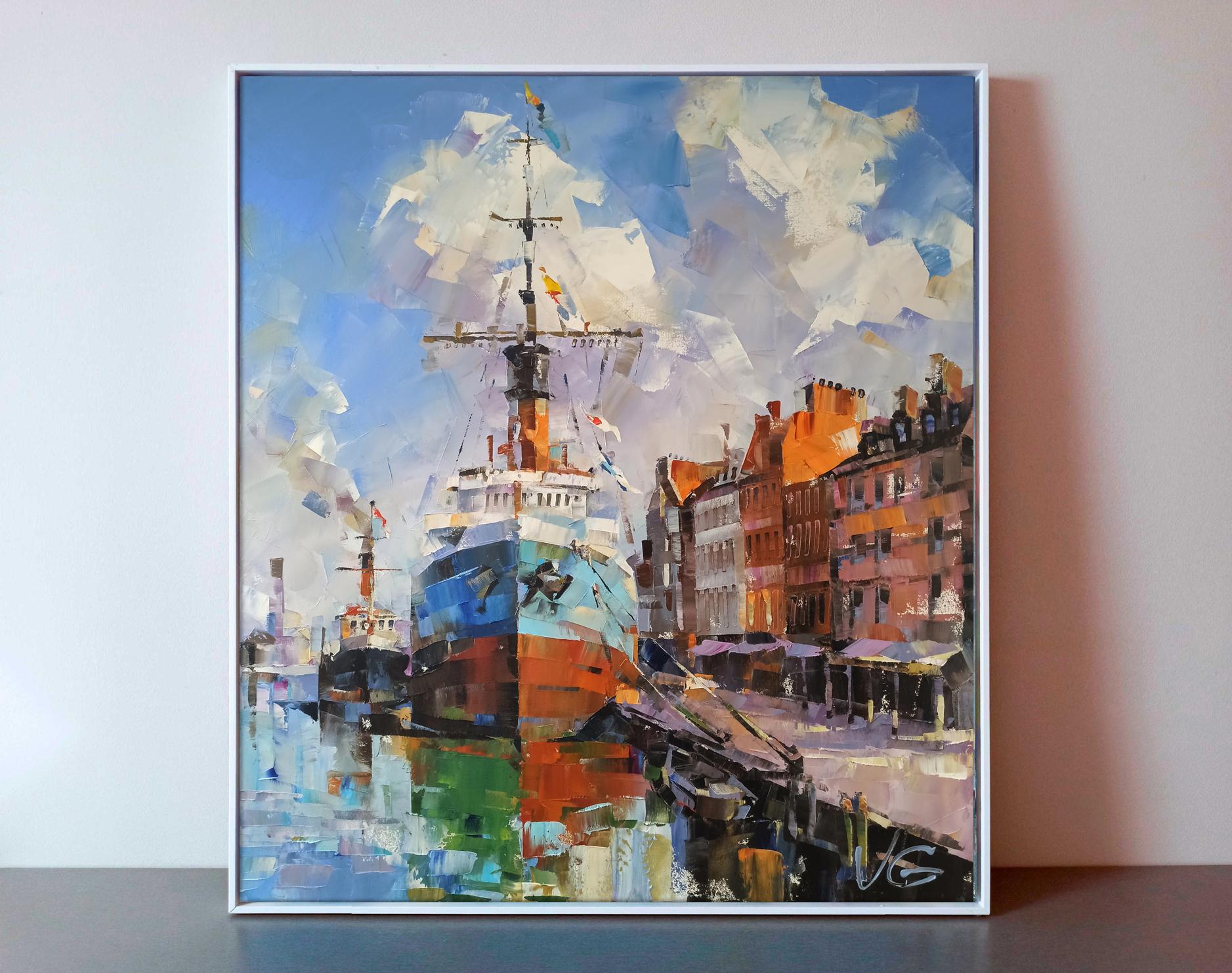 Oil painting Second Bank by Volodymyr Gluhomanyuk: vibrant harbor scene
