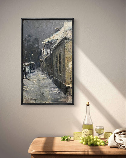 Oil painting Snowy street by Volodymyr Pashchenko, impressionistic snowy scene