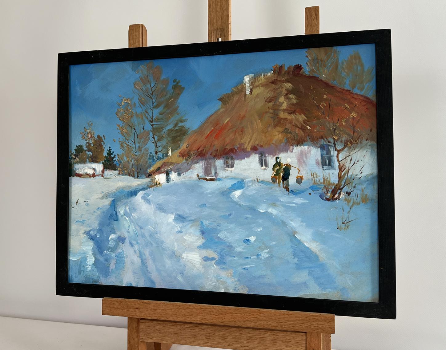 Oil painting Snowy village yard by Yuriy Suprunchuk in black frame