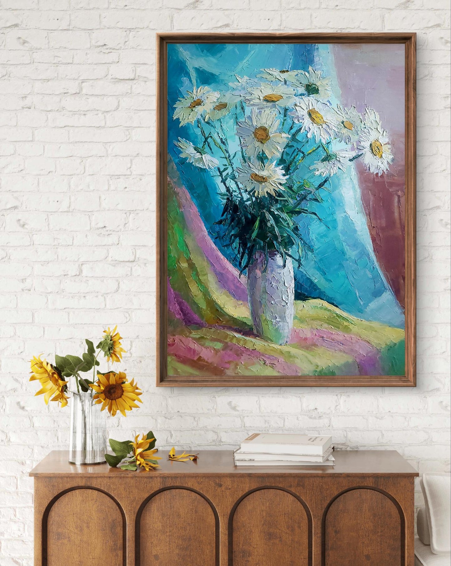 Oil painting Chamomile by Boris Serdyuk: white daisies in gray vase
