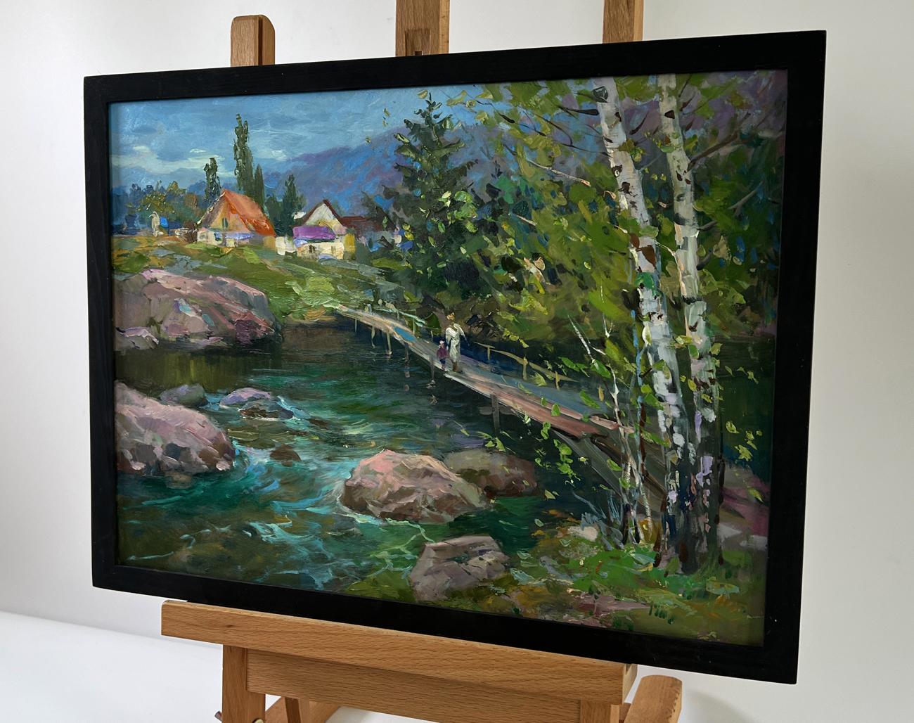 Framed oil painting by Yuriy Suprunchuk: serene village with birch trees, river bridge