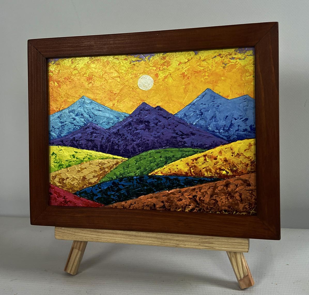 Oil painting Sunset is like fire in the mountains by V. Zadorozhnya in wood frame