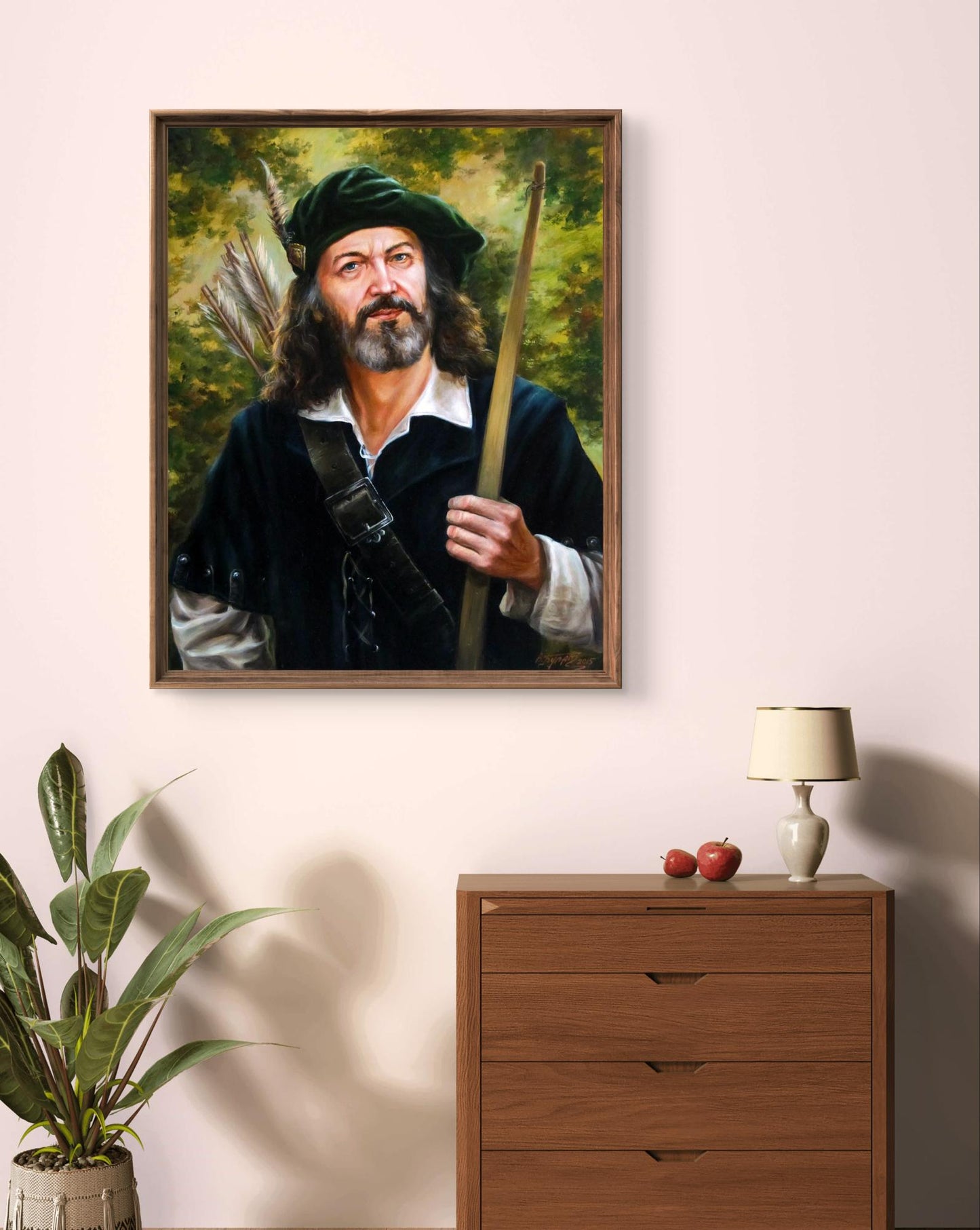 Oil painting Without Fear and Reproach by Valeriy Bulat, bearded archer in green hat