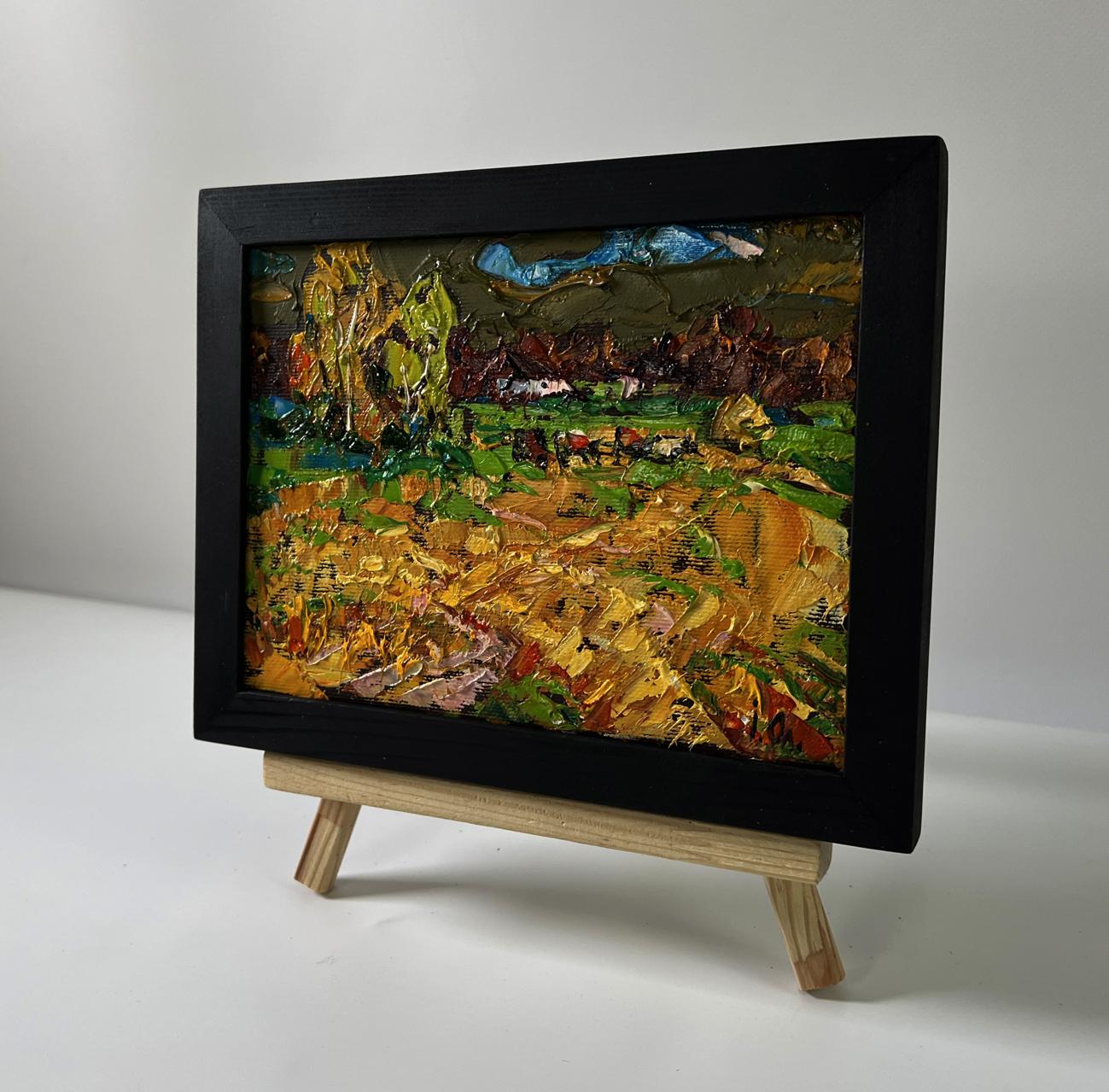 Oil painting Autumn evening fields by Oleksiy Ivanyuk in black frame