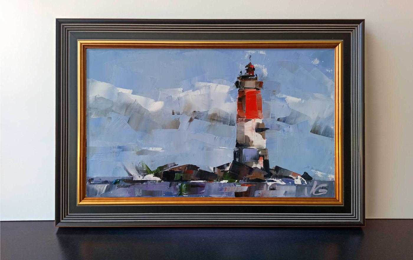 Framed oil painting of Lighthouse Pierres Noires by Volodymyr Gluhomanyuk