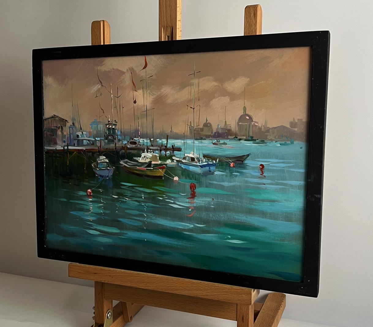Oil painting Sunset at the city pier by Yuriy Suprunchuk in black frame