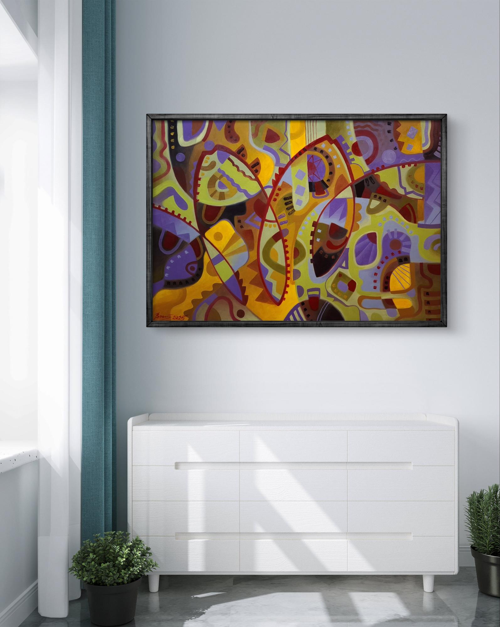 Vibrant Caribbean jazz oil painting by Sergiy Voichenko in black frame