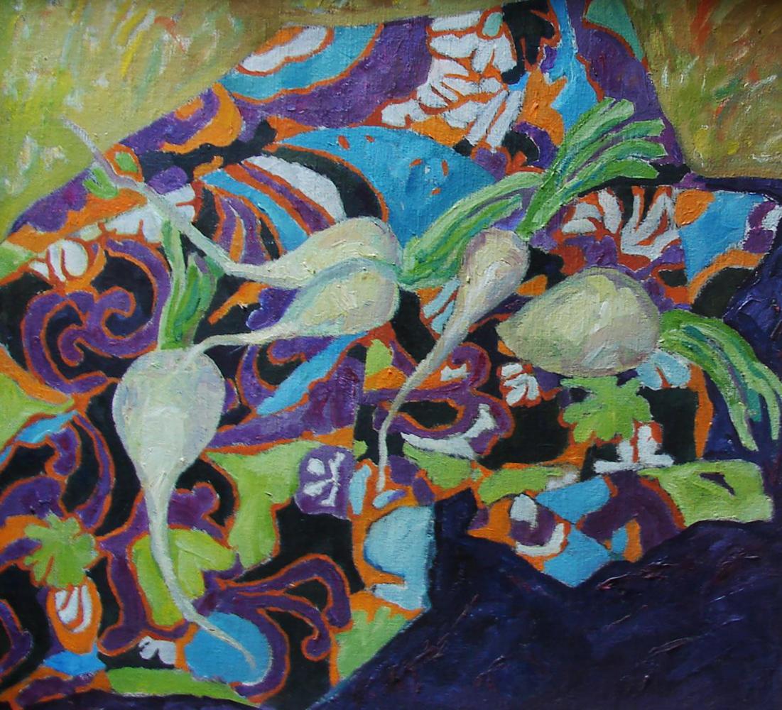 Oil painting of white beets with green stems by Tatyana Shulyak