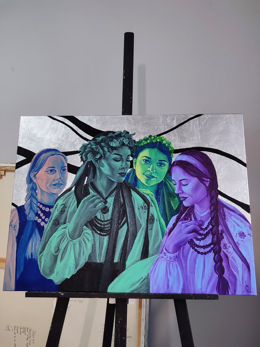 Oil painting portrait of four girls in green purple attire by Oksana Sklym