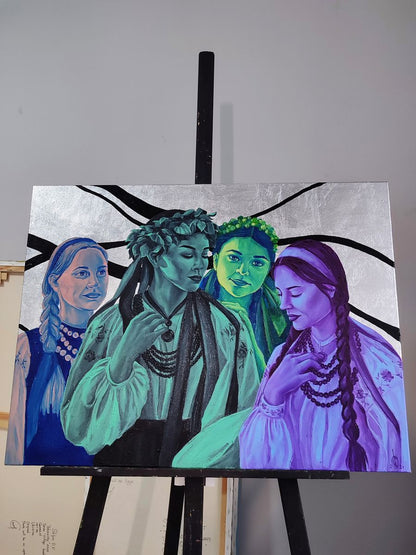 Oil painting portrait of four girls in green purple attire by Oksana Sklym