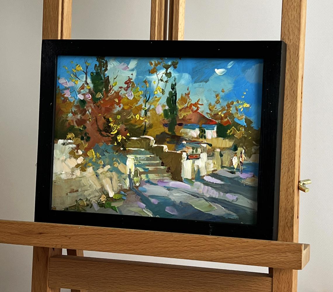 Oil painting A walk along a village street by Yuriy Suprunchuk in black frame