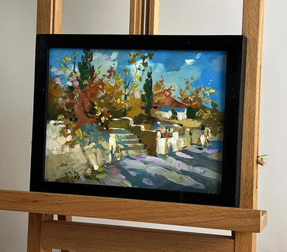 Oil painting A walk along a village street by Yuriy Suprunchuk in black frame