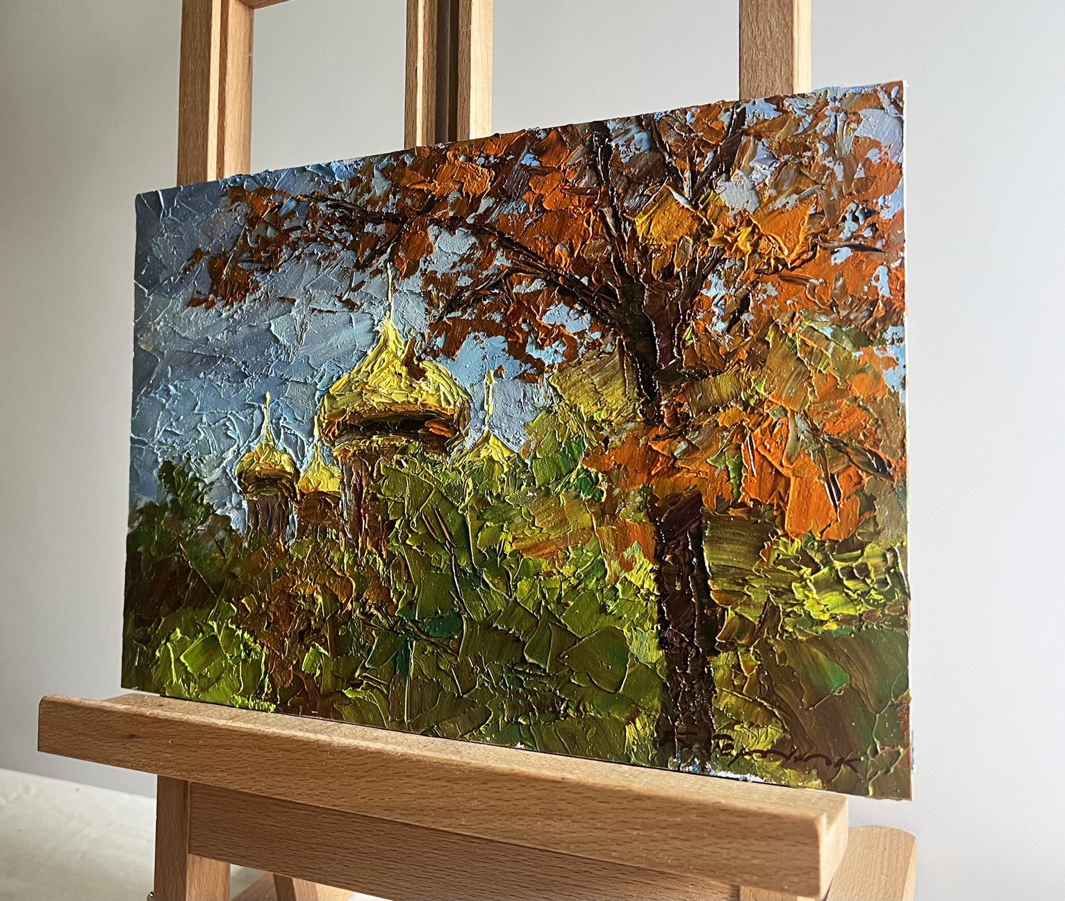 Oil painting Golden domes behind the trees by Boris Serdyuk on easel
