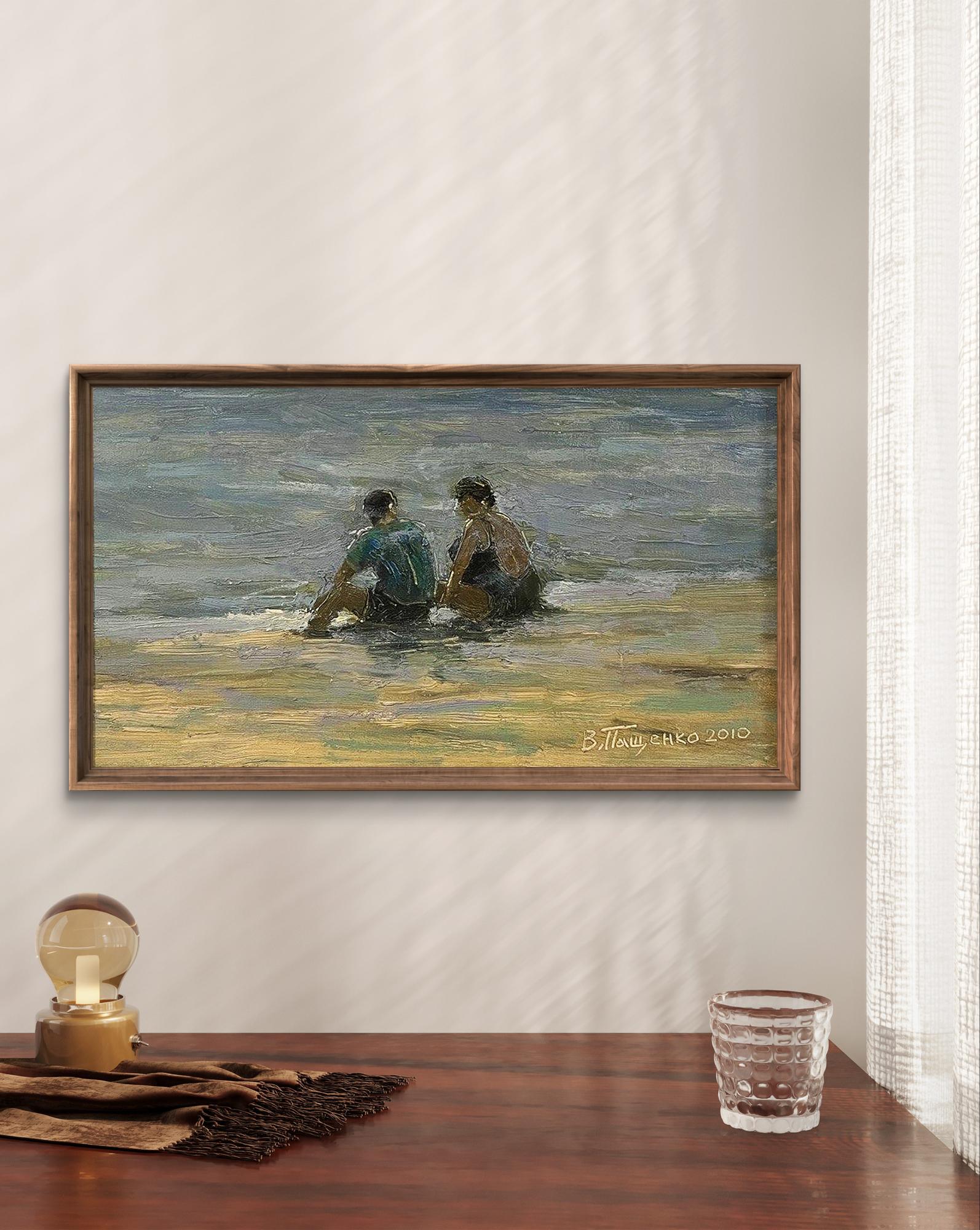 Framed oil painting of two figures in ocean by Volodymyr Pashchenko