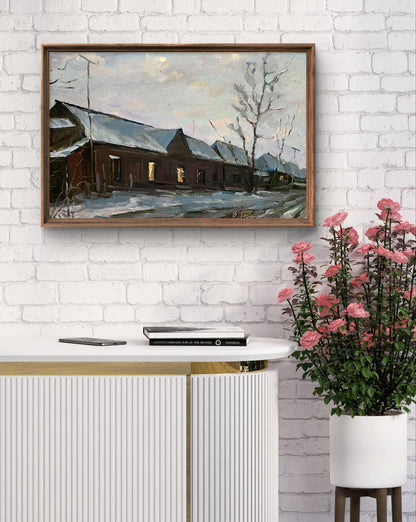 Oil painting Snowy street by Volodymyr Pashchenko in brown wood frame