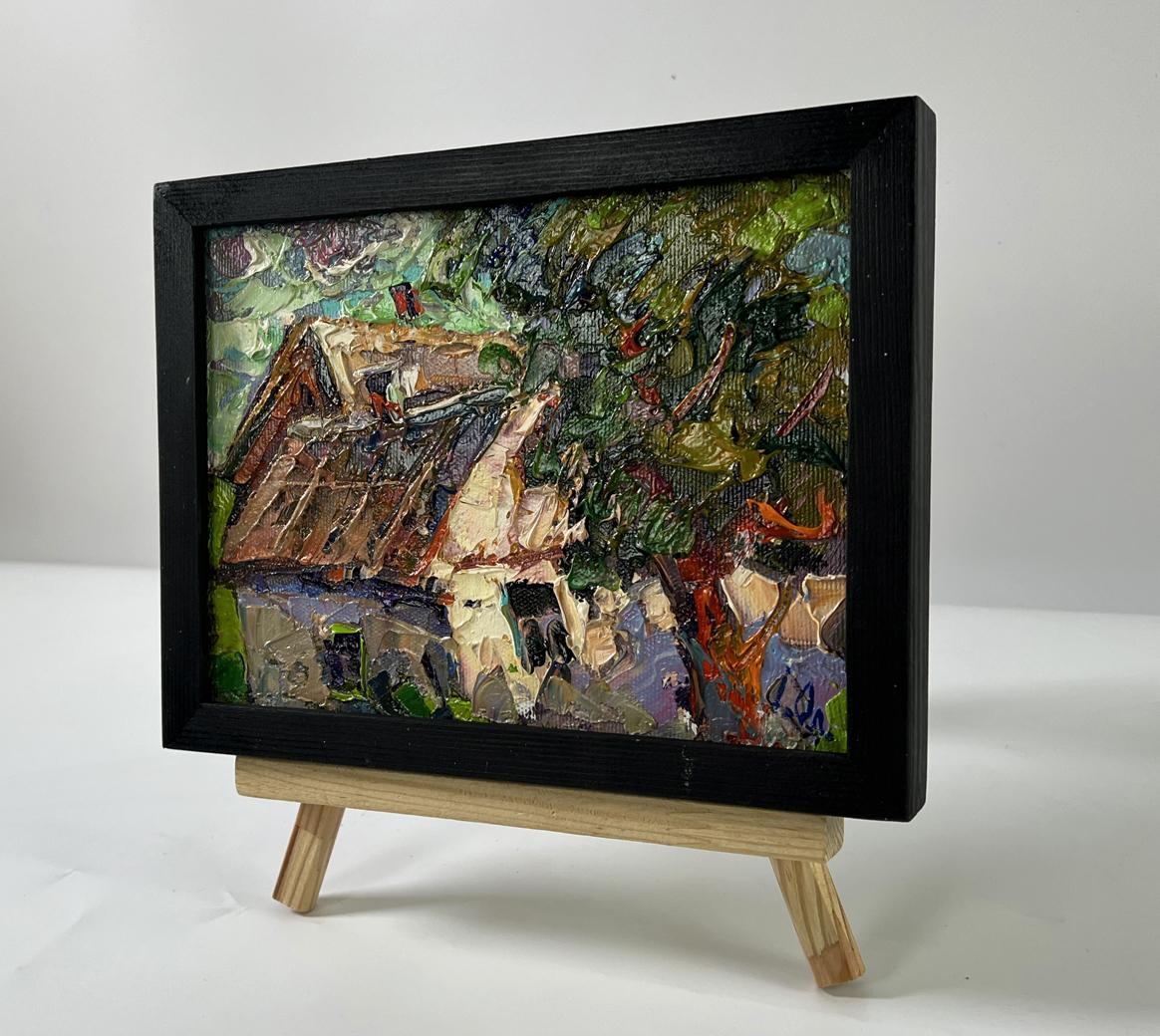 Oil painting Summer village day by Oleksiy Ivanyuk on wooden easel