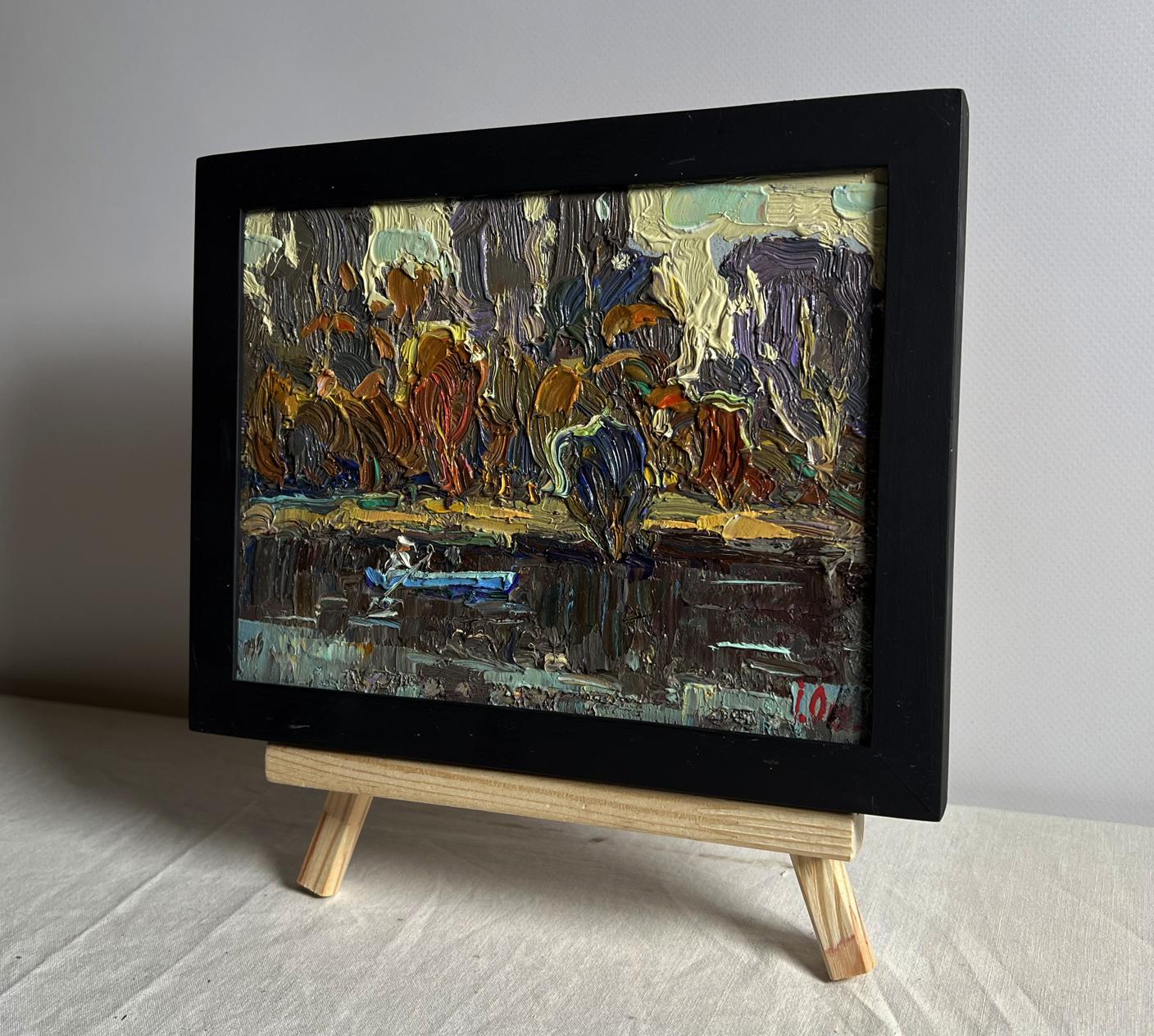 Black-framed impasto oil painting of forest across river by Oleksiy Ivanyuk