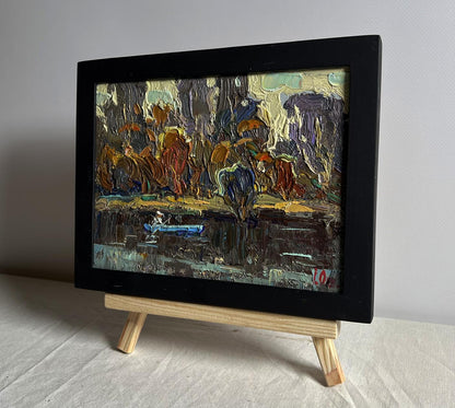 Black-framed impasto oil painting of forest across river by Oleksiy Ivanyuk