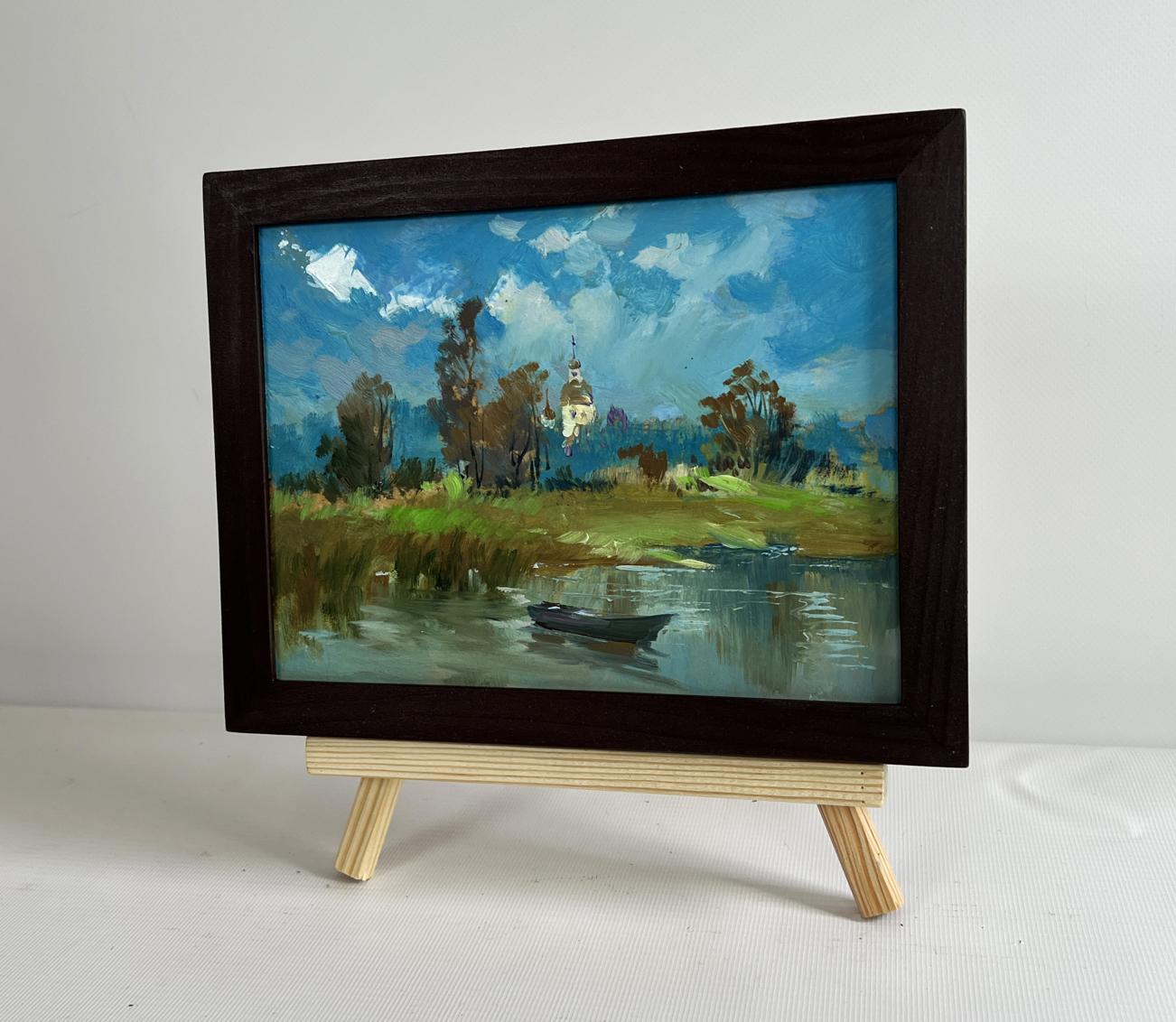 Oil painting of lonely boat in reeds by Yuriy Suprunchuk, serene landscape
