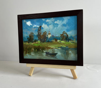 Oil painting of lonely boat in reeds by Yuriy Suprunchuk, serene landscape