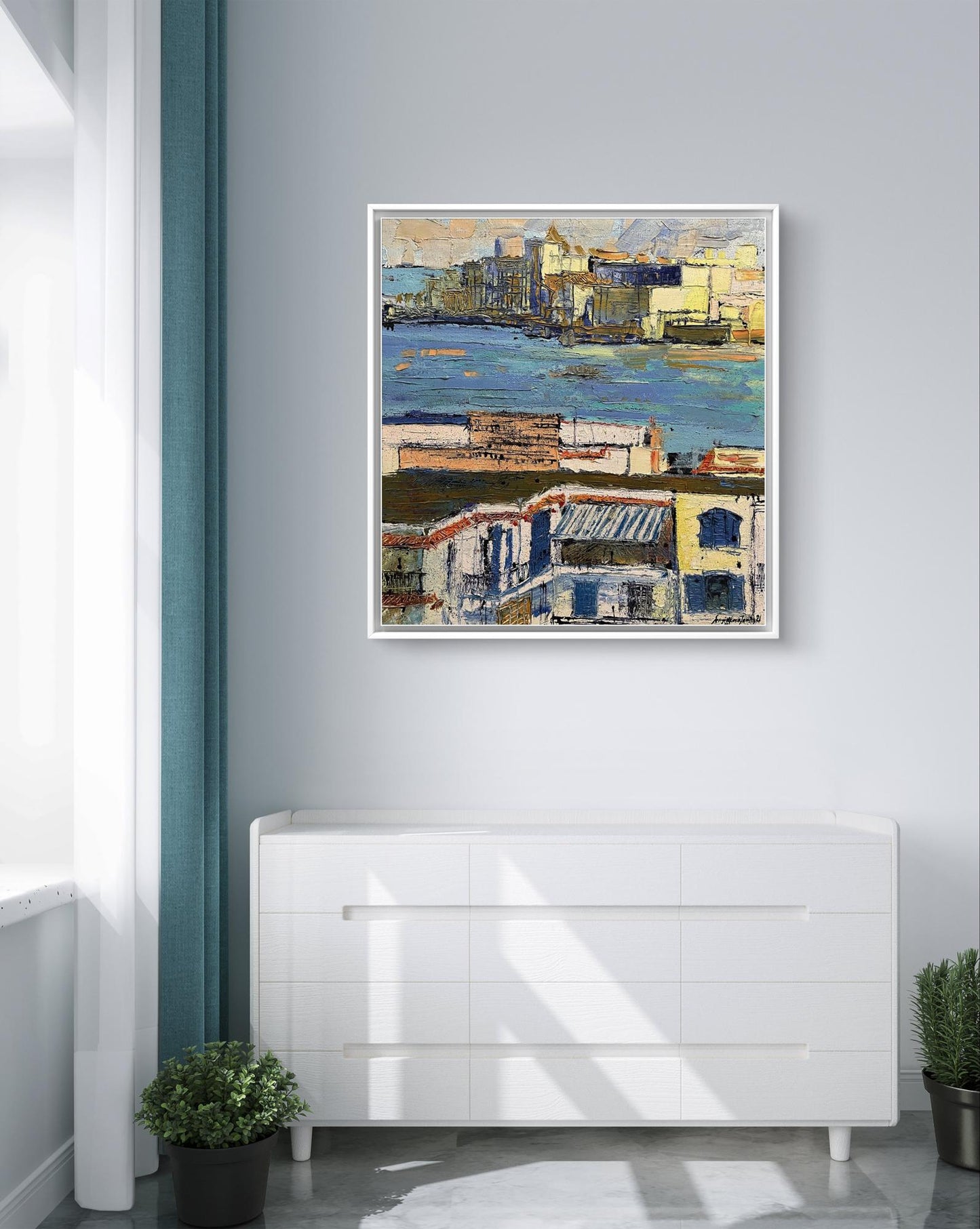 Oil painting Mysterious city by Serhiy Kovalev, abstract cityscape in blues and yellows