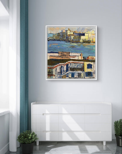 Oil painting Mysterious city by Serhiy Kovalev, abstract cityscape in blues and yellows