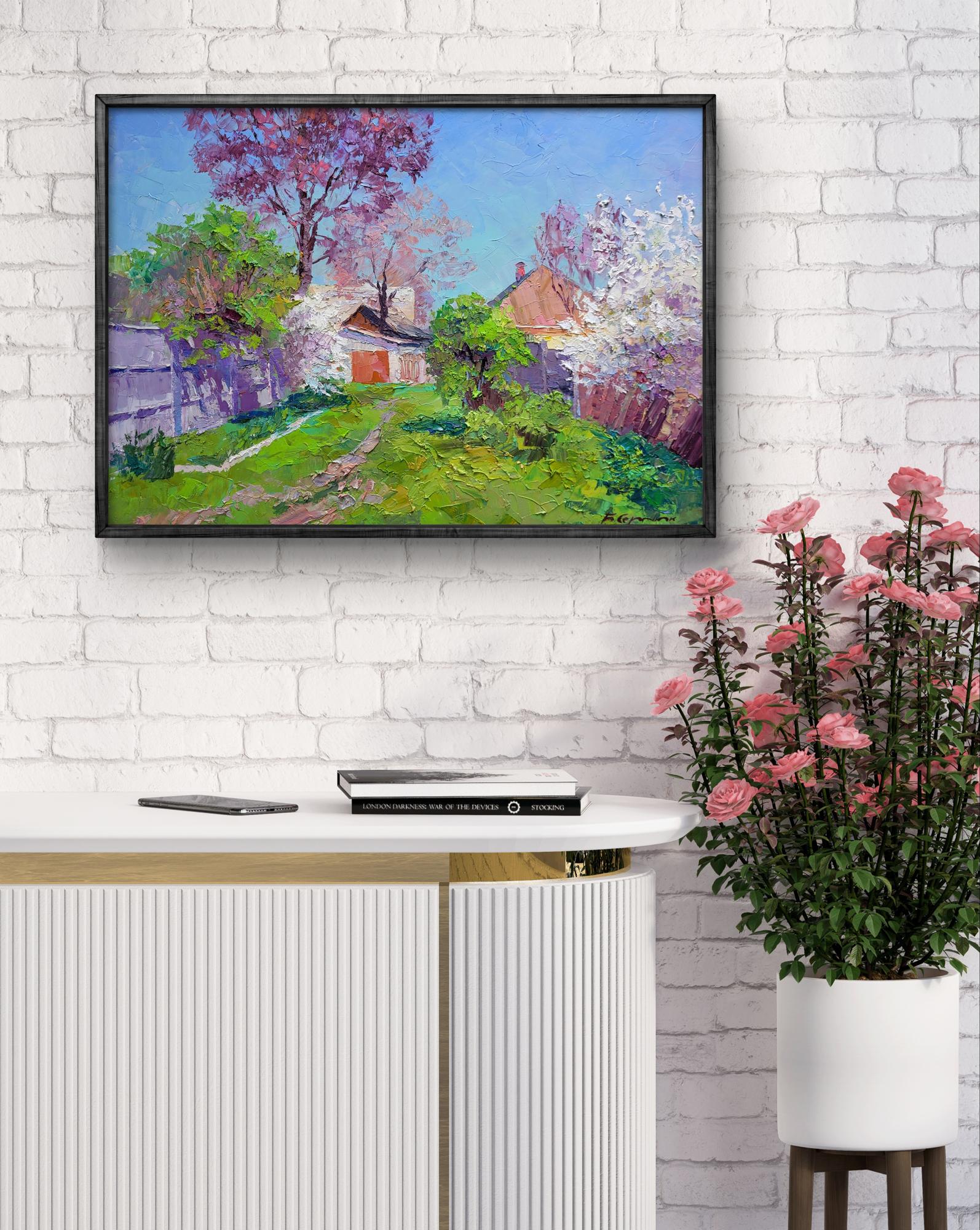Framed impressionist oil painting Flowering garden by Boris Serdyuk