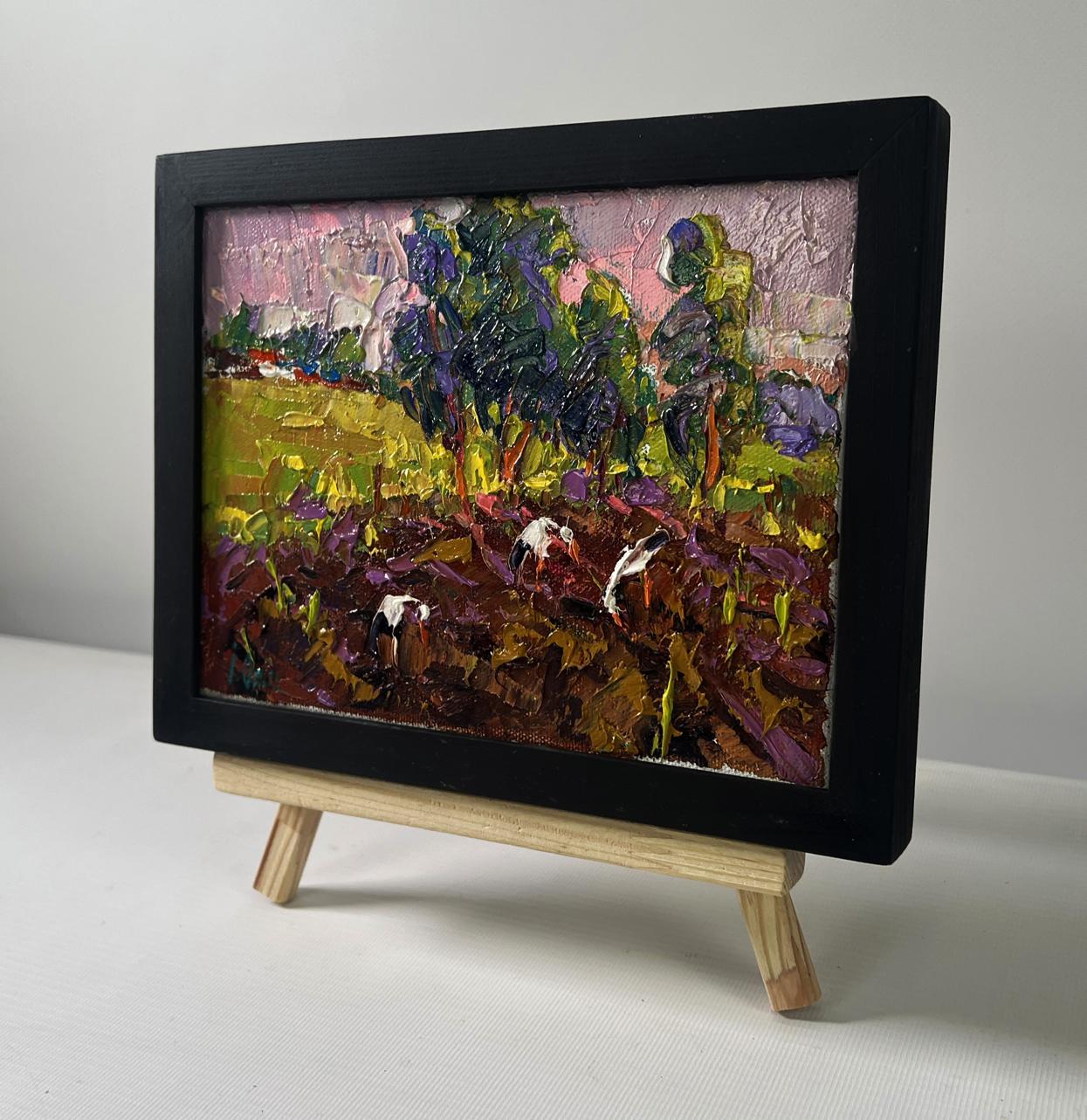 Vibrant impressionist oil painting The sun sets and speaks of peace by Oksana Ivanyuk in black frame