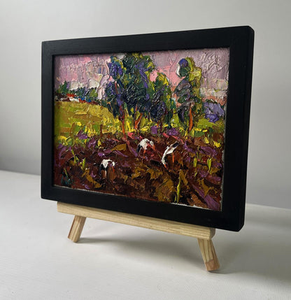 Vibrant impressionist oil painting The sun sets and speaks of peace by Oksana Ivanyuk in black frame