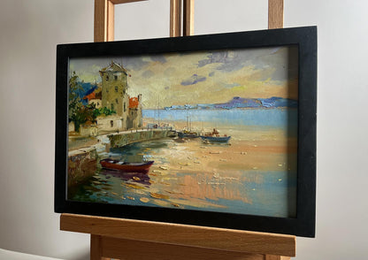 Framed oil painting of orange sunset sea by Yuriy Suprunchuk