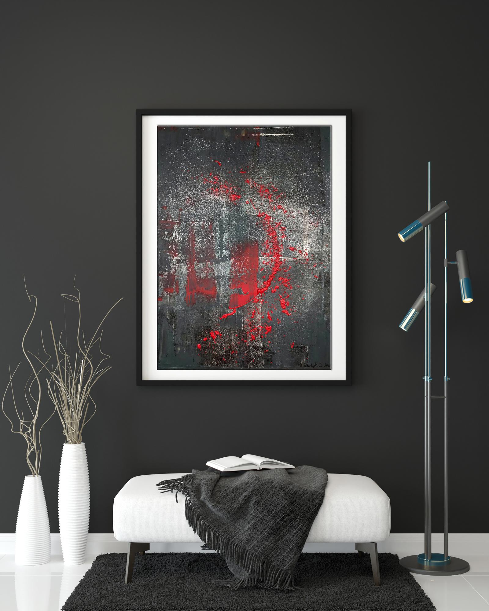 Night melody acrylic painting by Olga Melezhik: black-framed abstract with red splatters