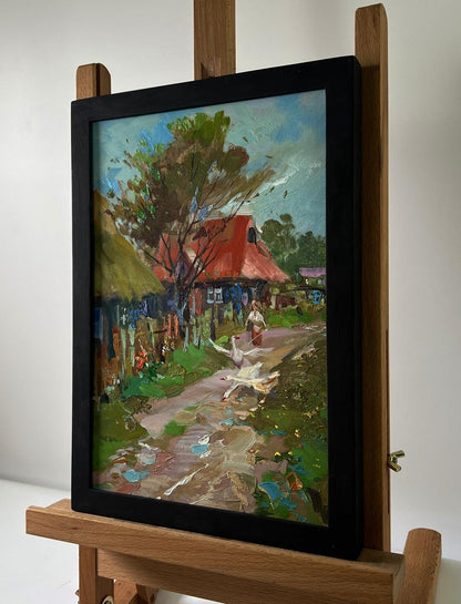 Oil painting Geese in the village by Yuriy Suprunchuk rustic scene