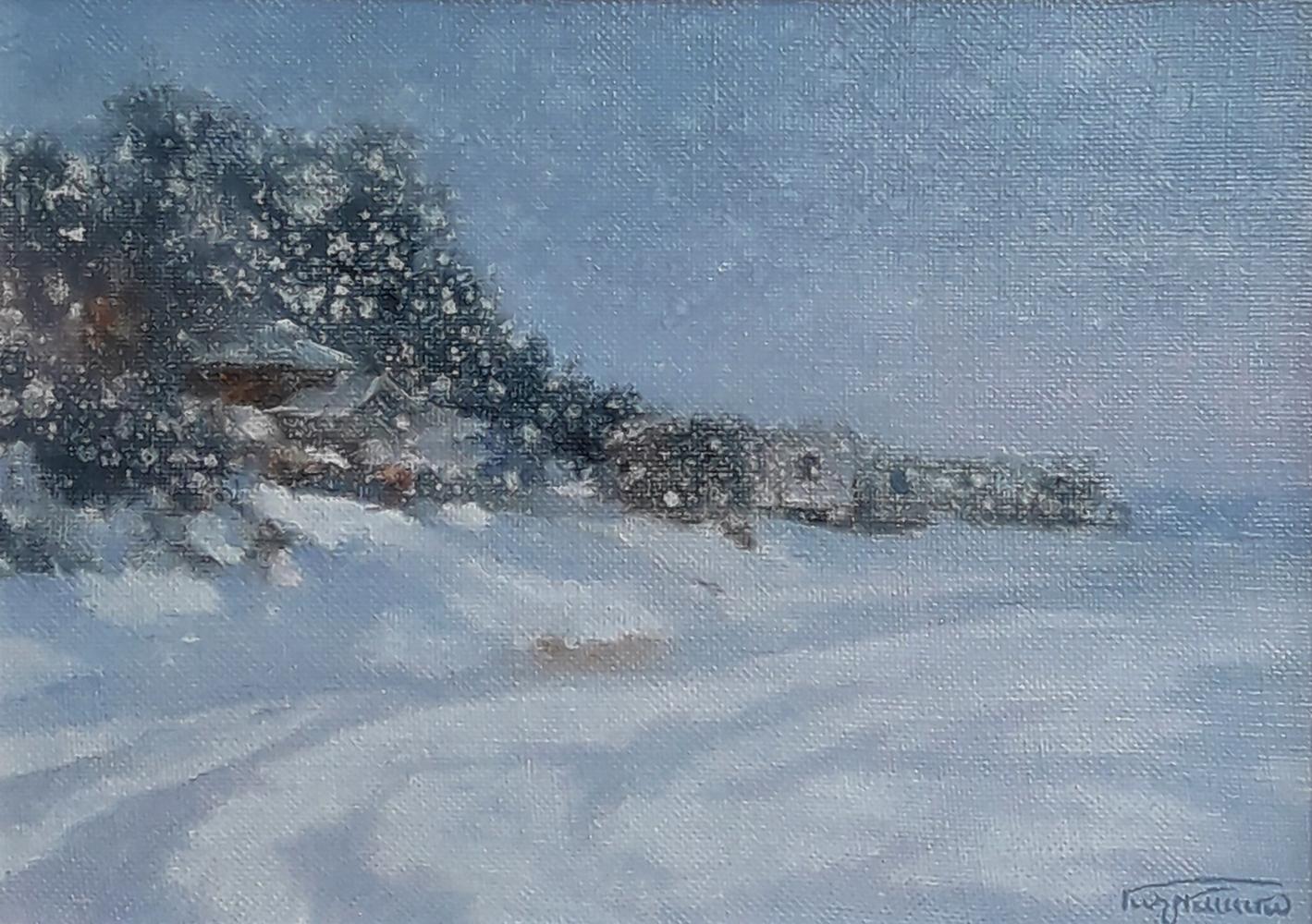 Oil painting It started snowing by Vasily Korkishko, snowy landscape