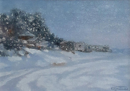 Oil painting It started snowing by Vasily Korkishko, snowy landscape