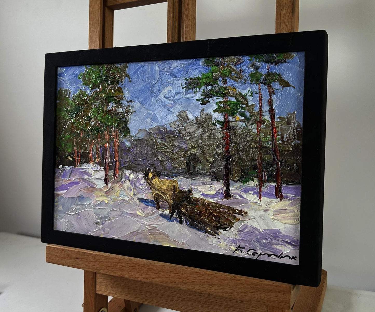 Oil painting of snowy forest with pine trees, sled dog by Boris Serdyuk