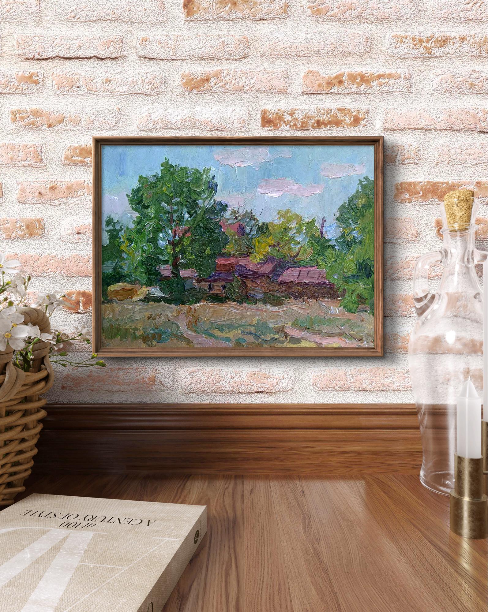 Oil painting Rural life by Yury Konovalov in rustic wooden frame